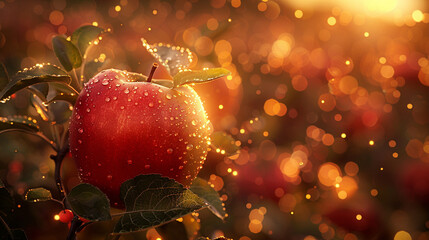 Mystical apple, sparkling vines, enchanted fruit with glowing cores, customers marveling at ethereal harvest in a fantasy orchard under a moonlit sky Realistic, golden hour, Depth of Field bokeh effec - obrazy, fototapety, plakaty