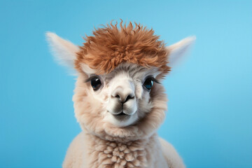 A fluffy baby alpaca with big, expressive eyes, standing against a pastel blue background.