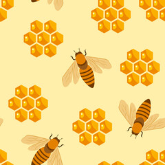 Honey background. Seamless pattern with honeycomb and bees. Vector cartoon flat illustration. - obrazy, fototapety, plakaty