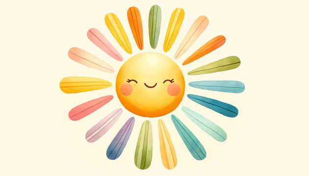 pastel-colored sun with radiating lines of various hues against a light background.