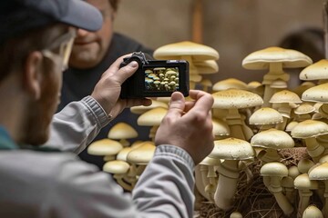 scientist taking a photo of a mushroom colony with a dslr camera for documentation