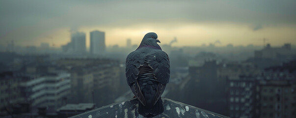 Pigeon, urban rooftops, adaptable bird species, perched on a skyscraper, cloudy day, realistic photography, Backlighting, Vignette - obrazy, fototapety, plakaty