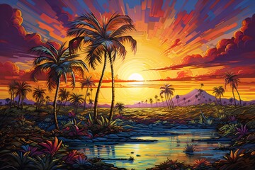 a sunset over a tropical landscape