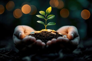 Illustration of hands holding tree growing and coins professional photography