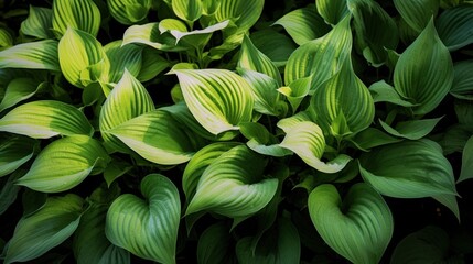 looking down on vibrant green sprouting hosta plants - obrazy, fototapety, plakaty