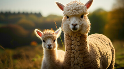 A fluffy alpaca cria (baby alpaca) standing beside its mother in a picturesque field, their woolly coats and gentle demeanor radiating cuteness. - obrazy, fototapety, plakaty