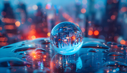 A peaceful and serene scene of a water droplet against a backdrop of the city's blue color, representing purity and tranquility.