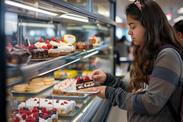 female student selecting a dessert from the cafeteria display case