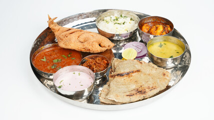 Pomfret Thali, Non-Veg Dish, White Background Photo, Pune, Maharashtra, India