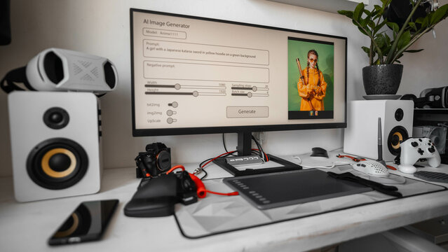 The artificial intelligence program generates an image according to a given prompt on a large monitor of a home computer. The chair is empty. Concept: AI replaces human creative work.