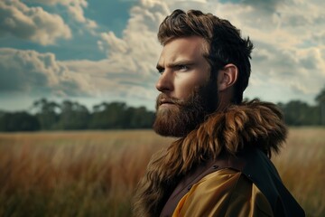 noble man with a lion mane collar, posed against a savannah backdrop - obrazy, fototapety, plakaty