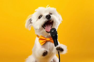 A heartwarming image of a fluffy dog, holding a microphone and singing with pure joy, set against a...