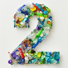 Number Two Shaped by Diverse Plastic Waste on a Clean White Surface. 2