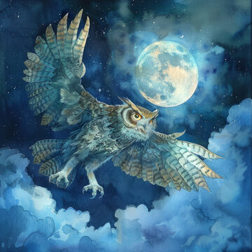 A stunning image of a majestic owl gracefully soaring through a mystical,moonlit sky The owl's wings are spread wide,its feathers illuminated by the glowing,ethereal light of the full moon Surrounded