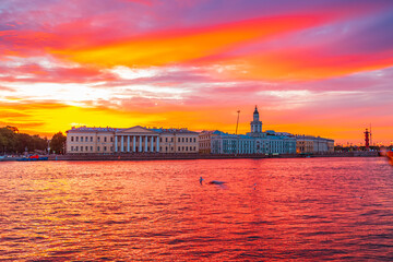 Fantastic fiery sunset over the Neva River.