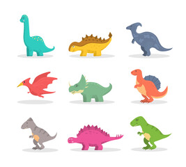 Cute dinosaur, funny ancient brontosaurus and green triceratops. Cartoon dinosaurs icon collection isolated on white background. Flat vector illustration in childish style