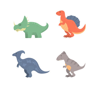 Cute dinosaur, funny ancient brontosaurus and green triceratops. Cartoon dinosaurs icon collection isolated on white background. Flat vector illustration in childish style