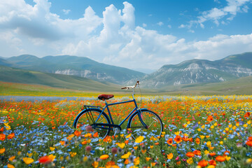 bicycle in the grassfield. beautiful mountain range covers the background. 