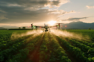 Fototapeta na wymiar Agricultural Drone Spraying Pesticides on Crop Field at Sunset