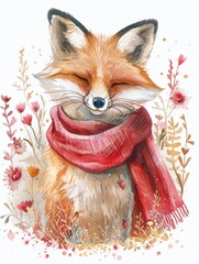 A delightful of a playful fox nestled in a lush,vibrant forest setting The fox wears a cozy red scarf,adding a touch of warmth and coziness to the whimsical scene Surrounded by blooming