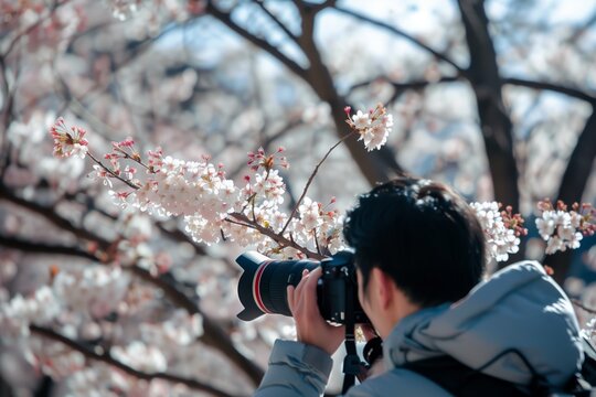 photographer taking pictures, cherry blossoms caught in lens