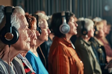 choir of seniors wearing headphones in a recording studio - obrazy, fototapety, plakaty