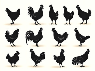 set of chicken on white background, silhouette  chicken
