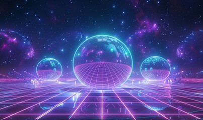 Purple Neon Glow A Vibrant Night Sky with 3D Globes Generative AI