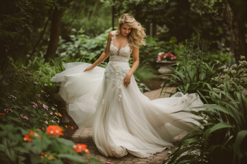 Obraz na płótnie Canvas Elegant Bride in a Stunning Gown Exploring a Lush Garden Setting