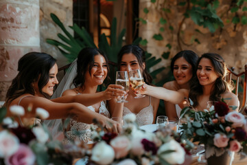 Joyful Bridesmaids Celebrating with Champagne at a Rustic Wedding Table - obrazy, fototapety, plakaty