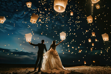 Dreamy Nighttime Wedding Scene with Couple Releasing Sky Lanterns - obrazy, fototapety, plakaty