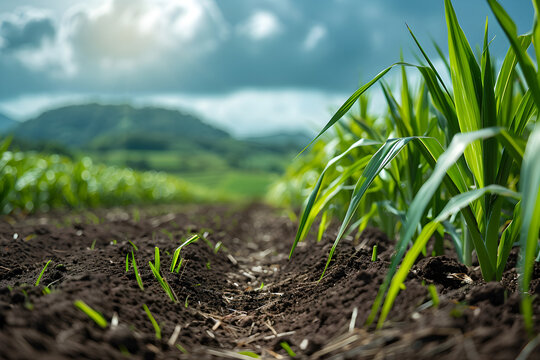An image of a cultivated sugarcane field with a focus on sustainability and green world concept. Suitable for environmental campaigns or agriculture-related content.