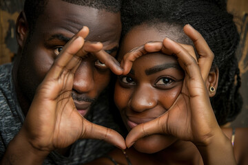 African Couple Making Heart Shape with Hands Showing Love and Connection - obrazy, fototapety, plakaty