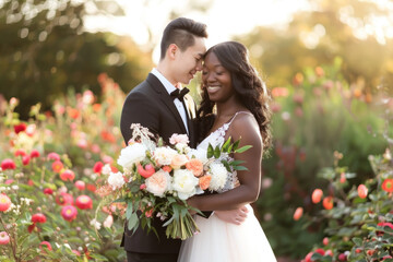 Multiracial Couple Embraced in a Sunset Garden on Their Wedding Day