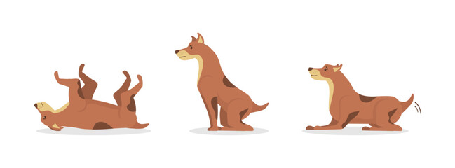 Dogs collection isolated on white background. Dogs tricks icons and workout action digging dirt, jump, sleeping running and barking. Cartoon set character in flat style. Vector illustration.