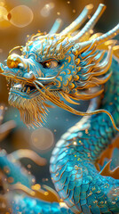 Obraz premium Golden Glow: A Majestic Chinese Dragon in Turquoise Brilliance