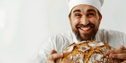 A professional chef or baker wearing a white uniform and hat is grinning with pride as he holds up a beautifully baked