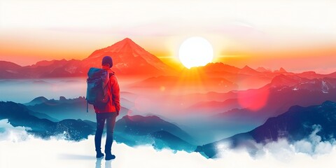 Solitary Hiker Gazing at Awe Inspiring Mountain Sunrise Wanderlust and Concept