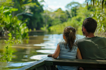 Fototapeta na wymiar Intimate Moment of Father and Daughter Observing Wildlife on a River