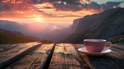 tea stands on a wooden table in a Beautiful landscape - obrazy, fototapety, plakaty