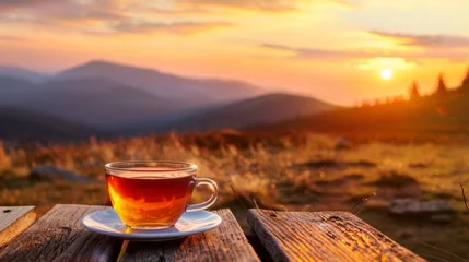 Foto op Plexiglas tea stands on a wooden table in a Beautiful landscape © Olha