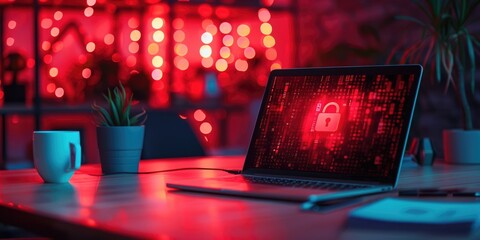 red cyber security background, laptop with lock symbol