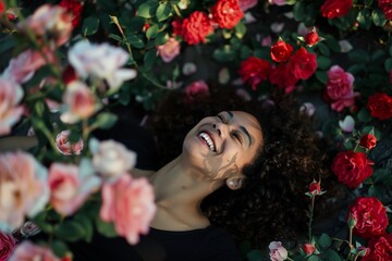 Obraz na płótnie Canvas joyful female on a bed of roses, looking up