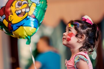 little girl with a painted face watching a balloon shaped like a cartoon character