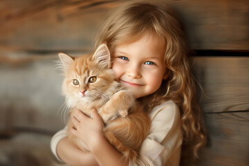 Beautiful little girl smiles a holds cute kitten in her hands at home AI Generative