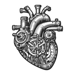 heart with intricate steampunk gears and mechanical components. Sketch engraving generative ai raster illustration. Scratch board imitation. Black and white image.