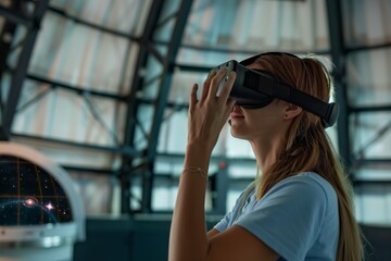 woman using virtual reality to explore the cosmos inside observatory