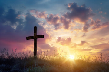 Cross at dawn symbolizing Jesus' Crucifixion AI Generative - obrazy, fototapety, plakaty