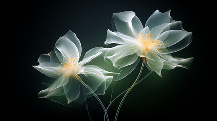 Two transparent lotus flowers with white petals and yellow stamens, glowing against a dark background. Generative AI