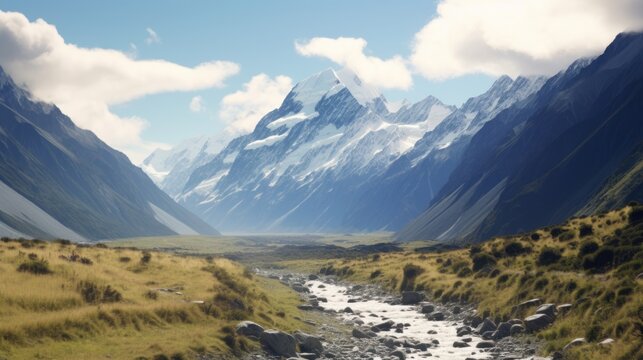 view of mountain ranges in Mount Cook National Park, New Zealand. Shot from helicopter. AI-generated